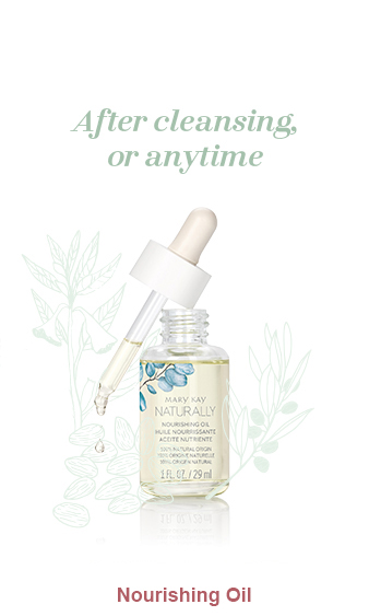 Mary Kay Naturally Nourishing Oil pictured dropper atop bottle dripping oil and light green illustrations of a sesame oil plant, olive oil plant and almonds