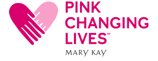 Logo for Mary Kay Pink Changing Lives initiative features two hands joining to form the shape of a heart. 