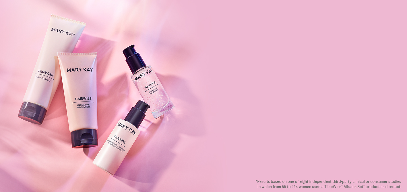 Products from TimeWise Miracle Set skin care regimen displayed in a repeating pattern on a light pink background