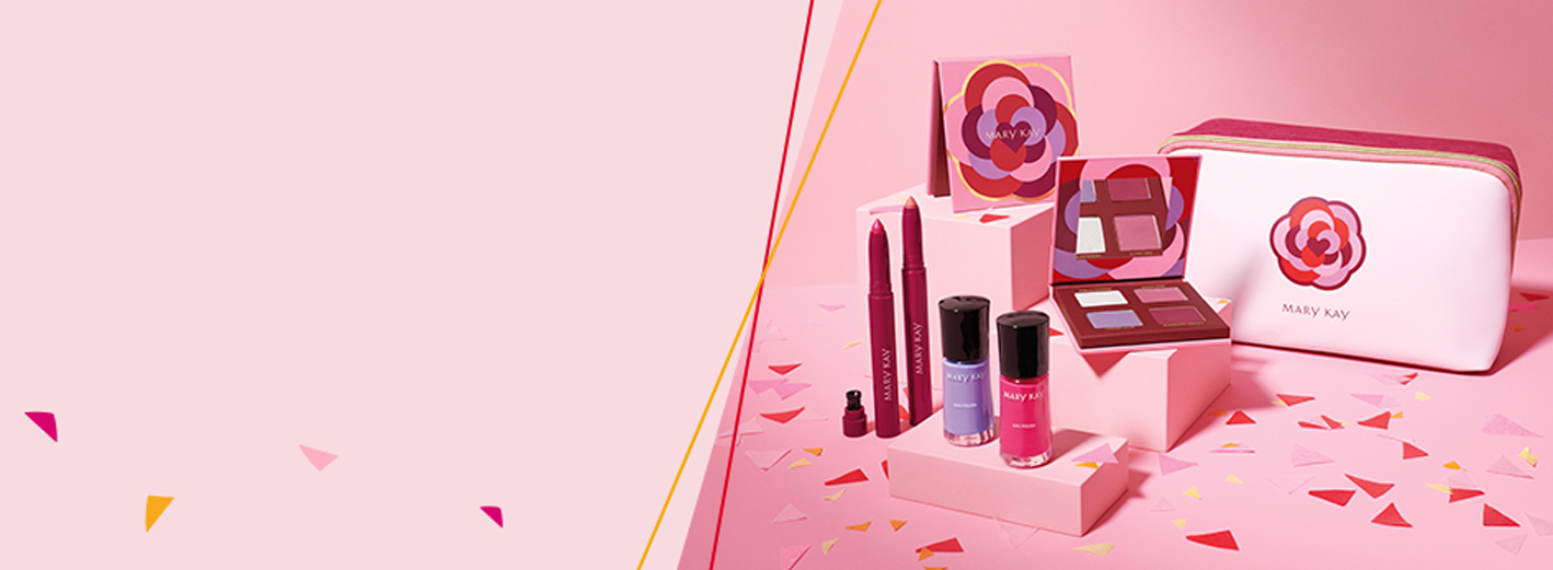 Mary Kay Limited-Edition 60th Anniversary Trend Collection styled on pink background surrounded by geometric confetti.