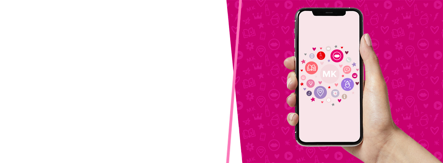 Hand holding smart phone displaying colourful Mary Kay icons