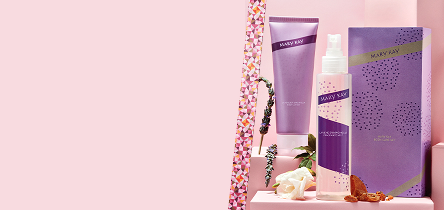 Limited edition Mary Kay® Lavender Magnolia Body Care Set with artfully arranged scent notes like lavender and magnolia