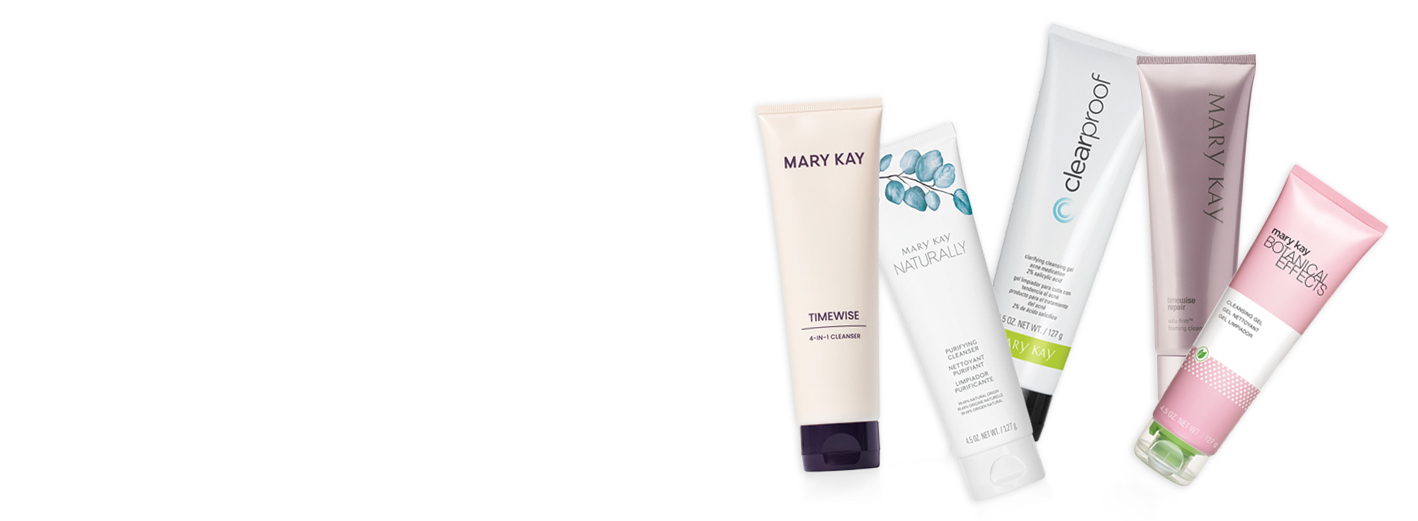 Mary Kay® skin care products from each product line set against a multicoloured background.