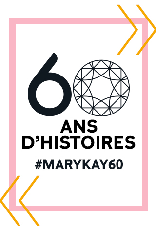Titre en gras pour 60 ans d’histoire et le mot-clic à utiliser pour soumettre des histoires Mary Kay.
