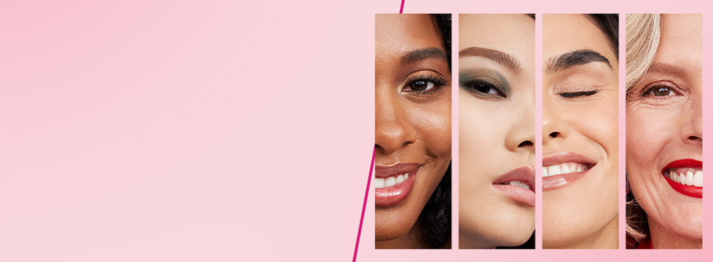 Four-way split screen displaying four different Mary Kay makeup artist looks against a pink background.