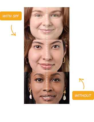 Image showing three diverse models with different skin tones - fair, medium, and dark. They are presented in side-by-side comparisons, each with and without the product applied to their faces. The product aims to enhance and complement the natural beauty of all skin tones, offering a before-and-after perspective on its effects.