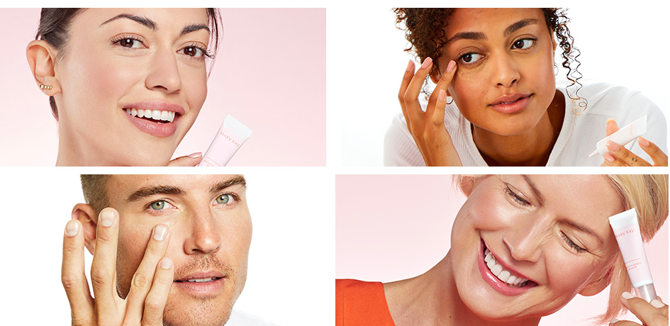A quadrant of four images, each with someone either holding Instant Puffiness Reducer or touching their undereye area.