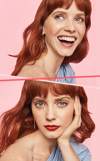 A before and after of a redhead with bangs wearing a natural makeup