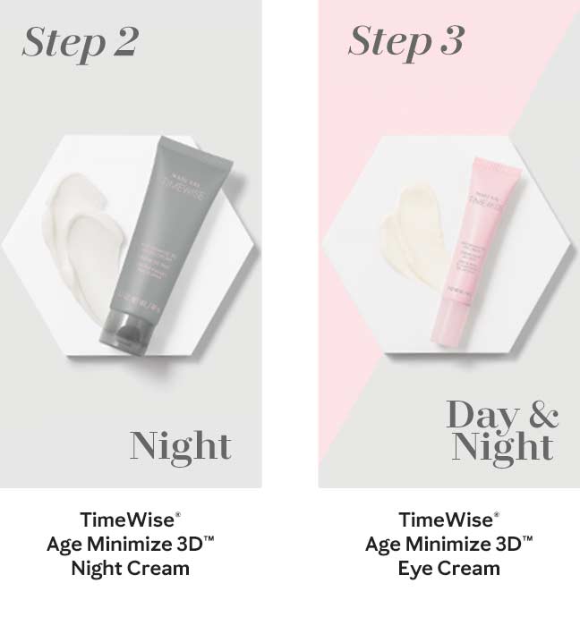 The second nighttime step in Mary Kay’s new TimeWise Miracle Set 3D skin care regimen, the TimeWise Age Minimize 3D Night Cream, is shown in a grey tube. The third and final step in Mary Kay’s new TimeWise Miracle Set 3D skin care regimen, the TimeWise Age Minimize 3D Eye Cream, is shown in a pink tube.