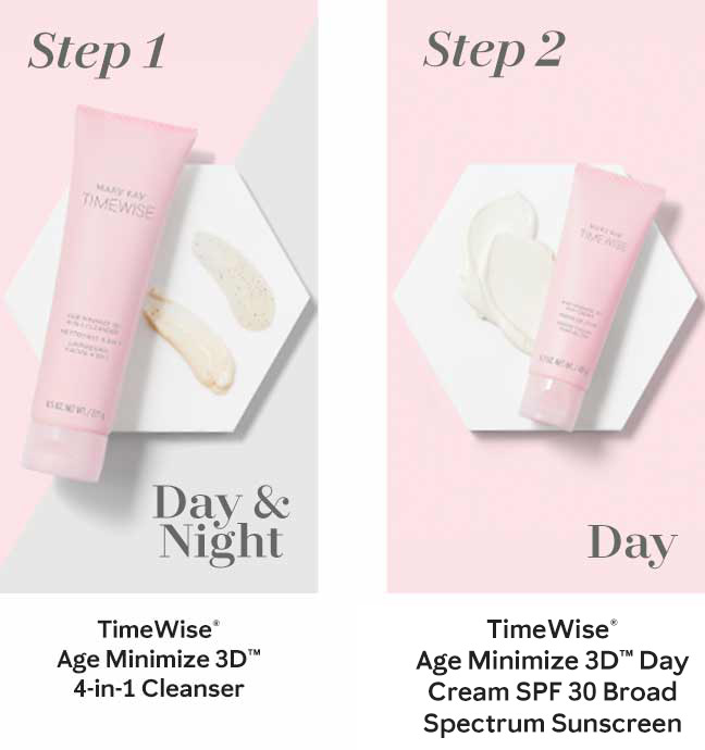 The first step in Mary Kay’s new TimeWise Miracle Set 3D skin care regimen, the TimeWise Age Minimize 3D 4-in-1 Cleanser, is shown in a pink tube. The second daytime step in Mary Kay’s new TimeWise Miracle Set 3D skin care regimen, the TimeWise Age Minimize 3D Day Cream SPF 30, is shown in a pink tube.