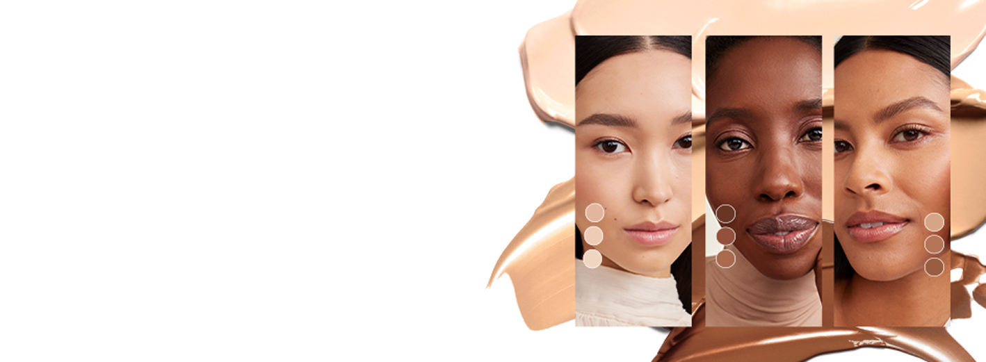 Headshots of light-, deep-, and medium-skinned women against various shades of foundation swipes on white background