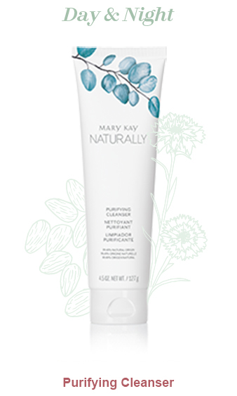 Mary Kay Naturally Purifying Cleanser pictured with light green illustrations of cornflowers and almonds