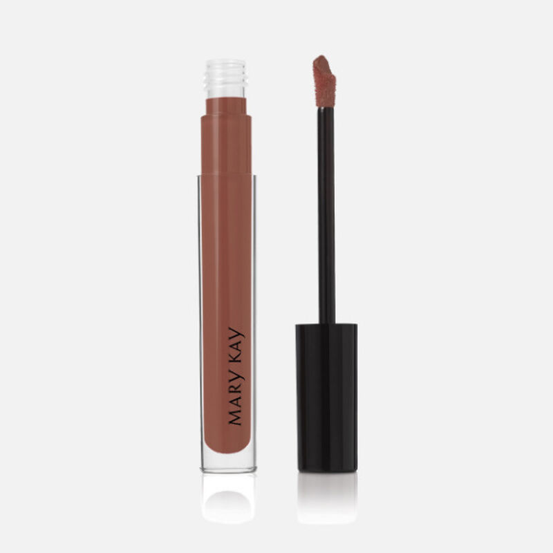 Open tube of Mary Kay Unlimited Lip Gloss in shade Tawny Nude with accompanying applicator