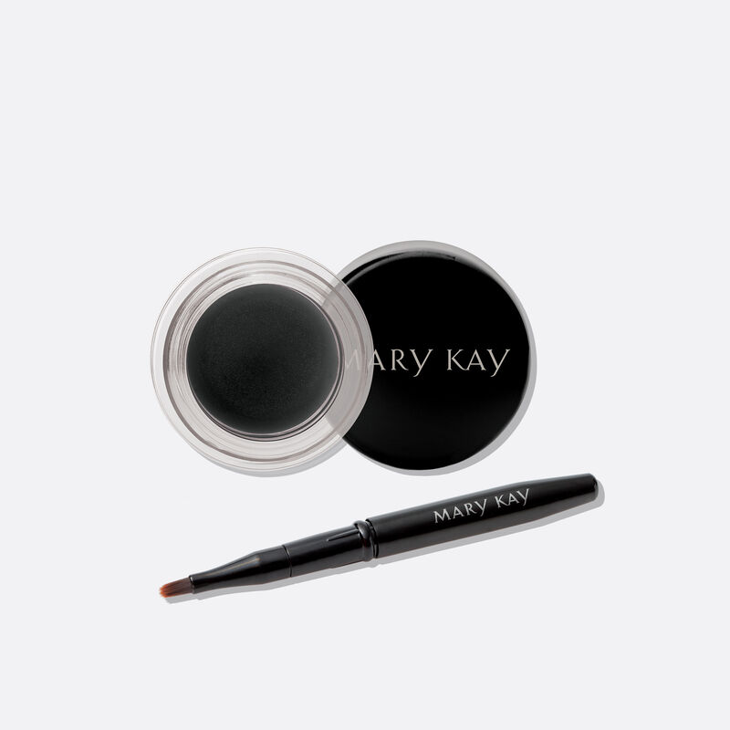 Pot of Mary Kay Gel Eyeliner With Expandable Brush Applicator pictured without applicator in shade Jet Black.