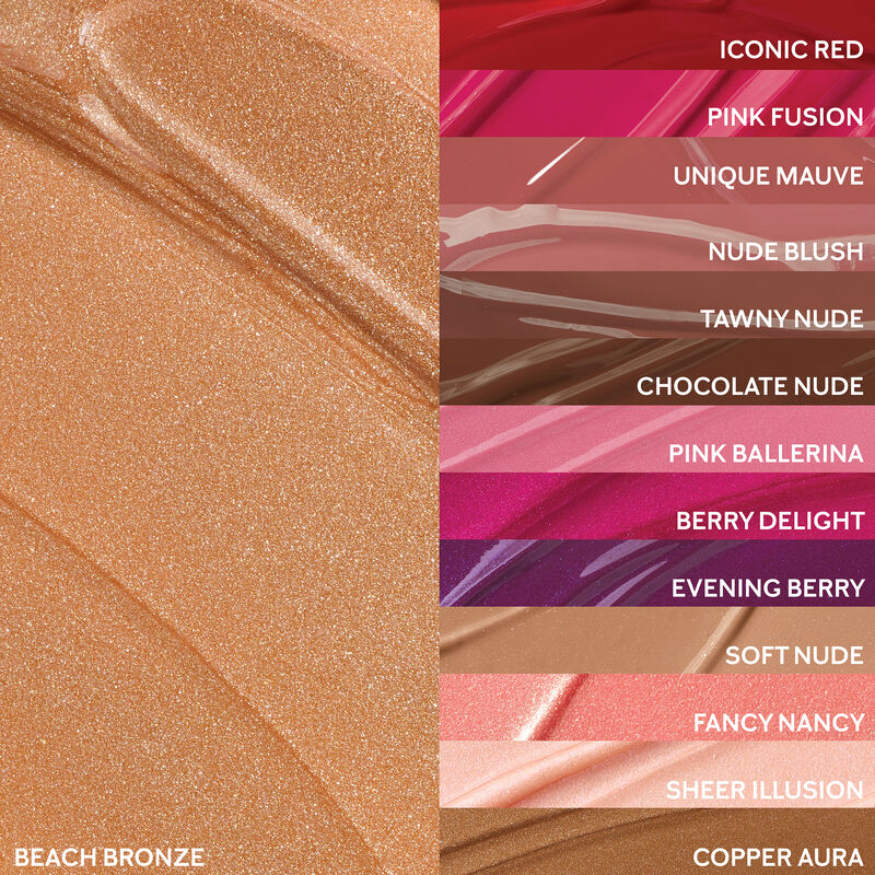 Extreme close up of Beach Bronze finish arranged next to remaining shades of Mary Kay Unlimited Lip Gloss