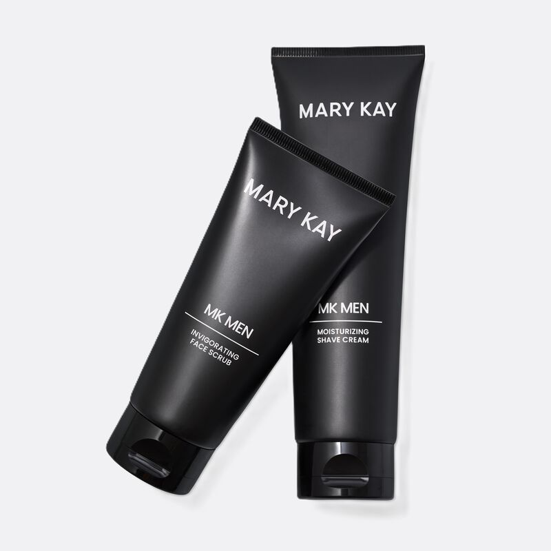 MKMen Moisturizing Shave Cream and limitededition MKMen Invigorating Face Scrub overlapped and standing upright on their caps