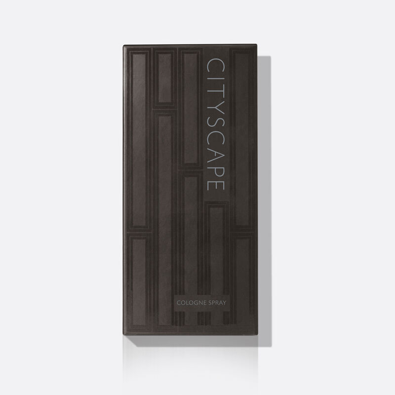 Sleek black product packaging that Cityscape&reg; Cologne Spray comes in.