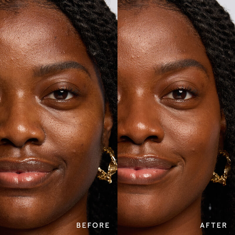 Model before and after showing TimeWise 3D Foundation Luminous finish payoff in shade Deep 12