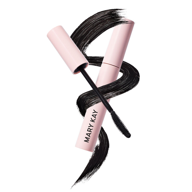 Pink wand with curved brush of black mascara on top of wavy black mascara stroke wrapped around closed pink tube of Mary Kay&reg; Great Heights&trade; Mascara