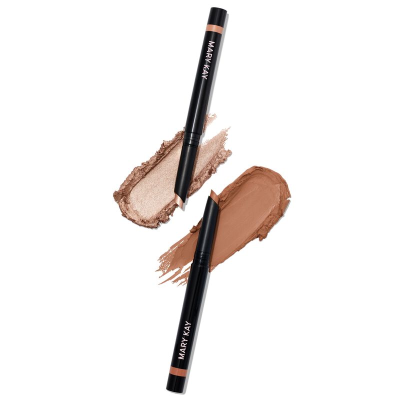 Limitededition Eye Shadow Stick Bundle in Cozy Glow including the Golden Sunrise and Orbit Clay shades shown with product swatches