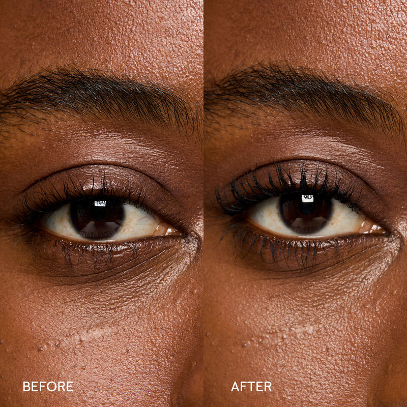 Beforeandafter images of Lash Love Fanorama DefineLift Mascara applied to lashes of a model with deep skin tone