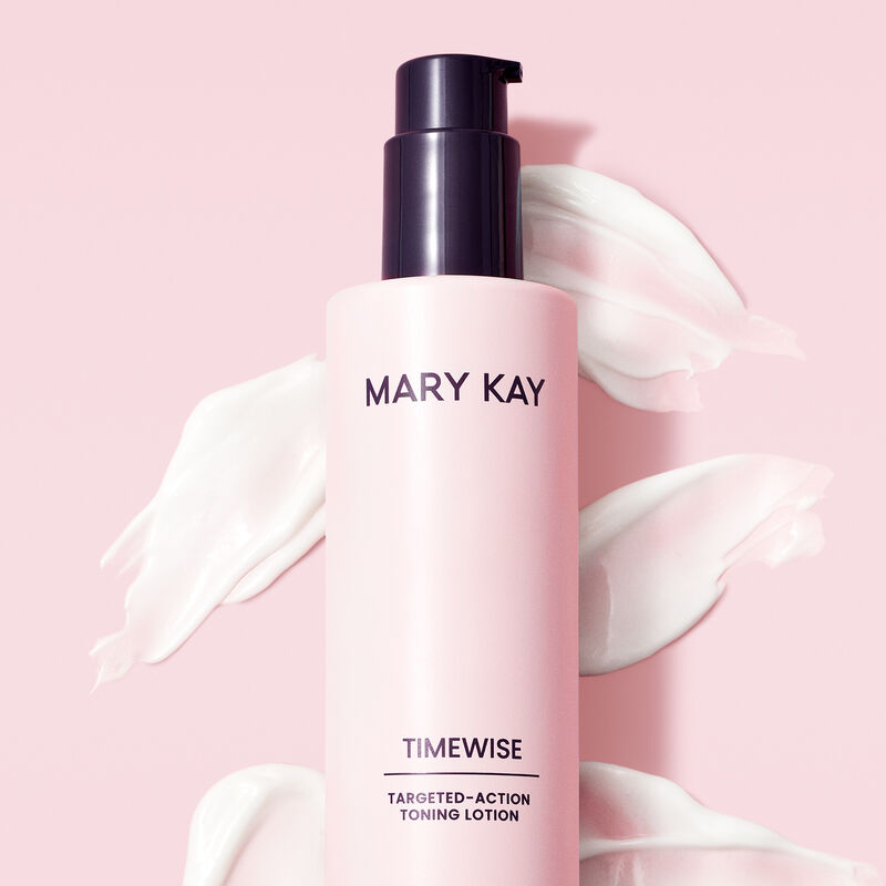 Bottle of TimeWise TargetedAction Toning Lotion against product swipe and pink background