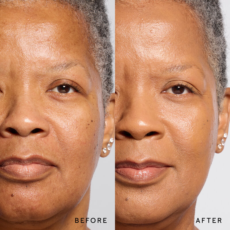 Model before and after showing TimeWise 3D Foundation Luminous finish payoff in shade Deep 4