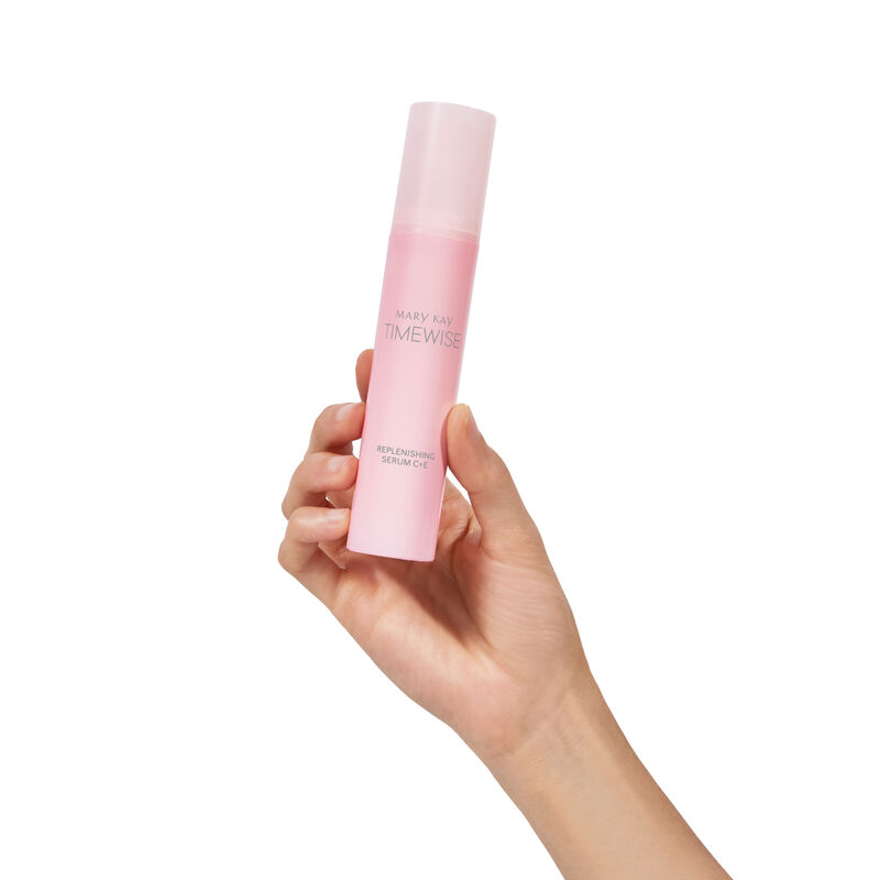 TimeWise Replenishing Serum CE on translucent pink shelf
