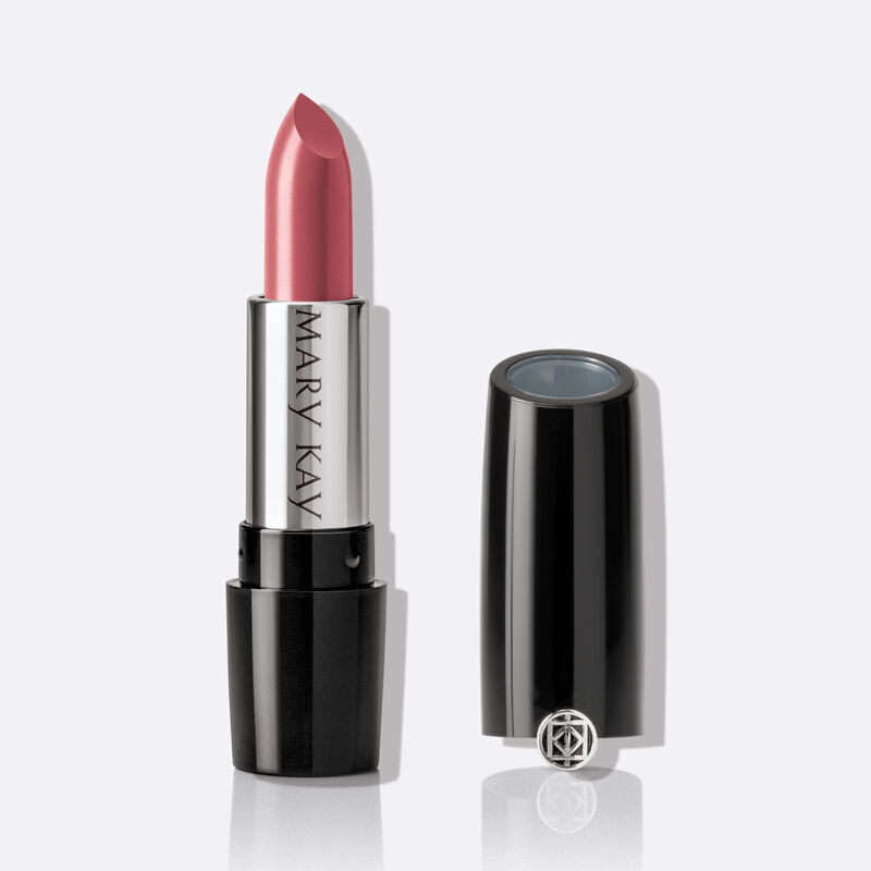 Mary Kay Gel Semi-Shine Lipstick in shade Rasberry Ice standing on plain background with cap off