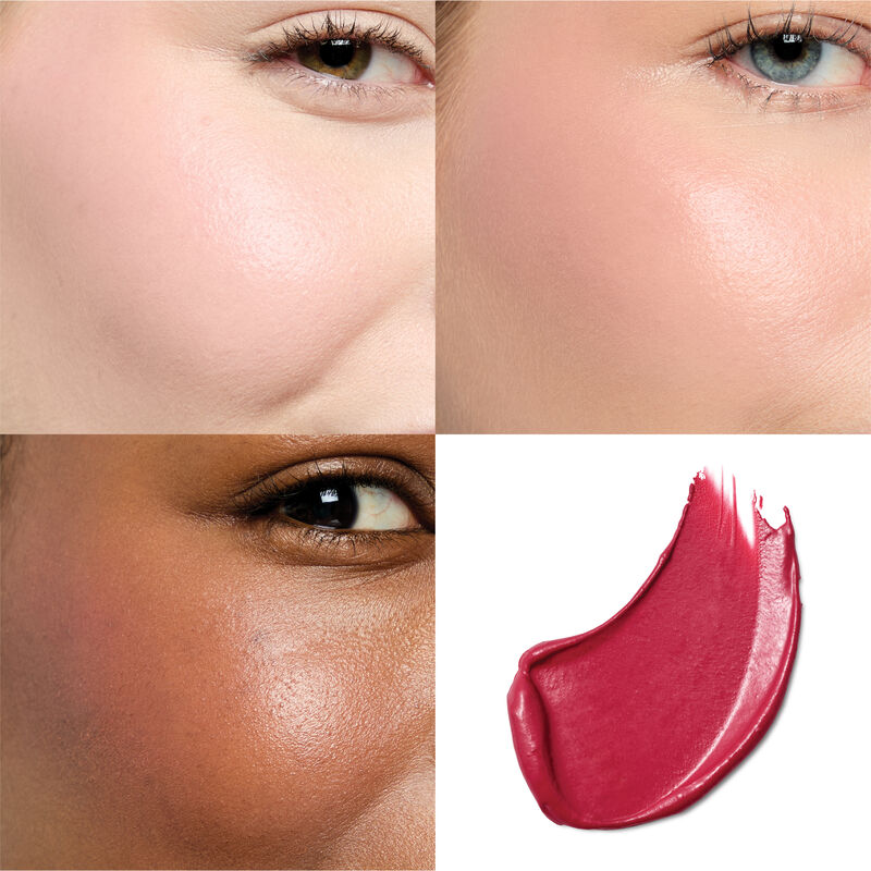Red cream blush swatch shown alongside product applied on three different skin tones for comparison.