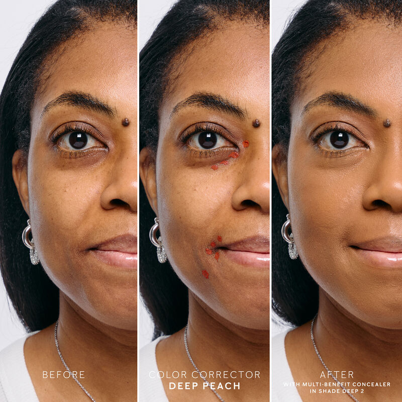 Model with a deep skin tone is seen in a before and after photo sequence showing the application of Mary Kay&reg; Undereye Corrector in deep peach.&nbsp;
