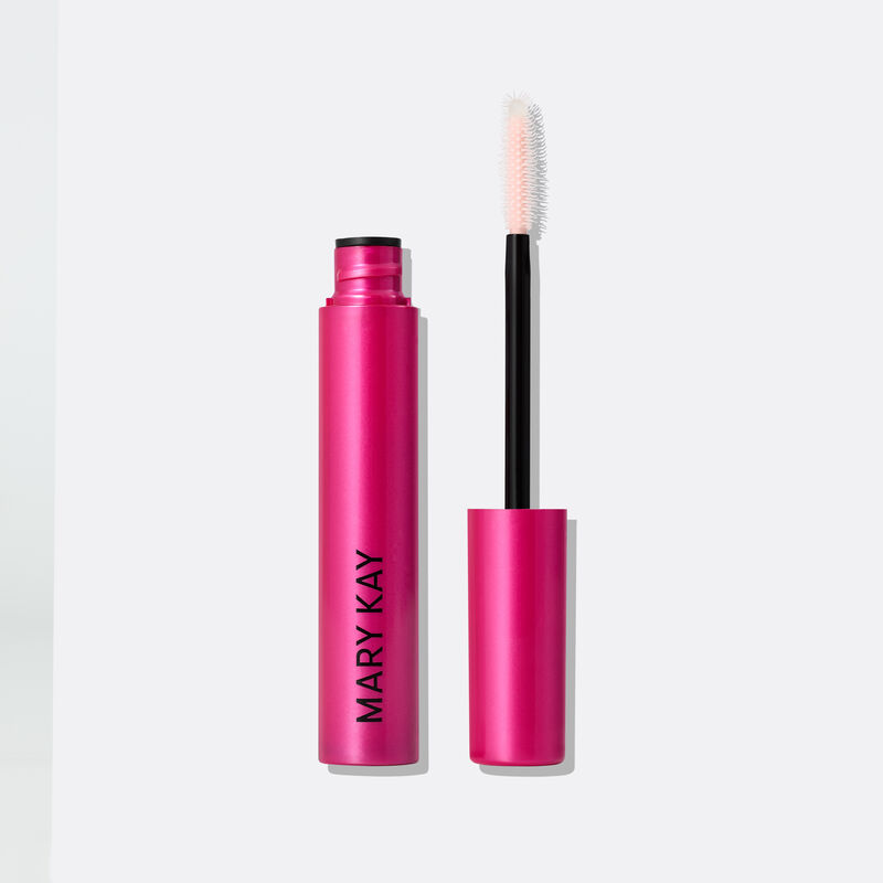 Lash Love Fanorama Define Lift Mascara tube opened and standing next to the triplezone brush set against a white background