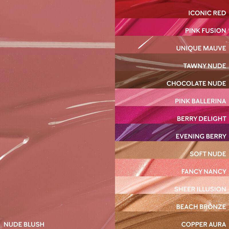 Extreme close up of Nude Blush finish arranged next to remaining shades of Mary Kay Unlimited Lip Gloss