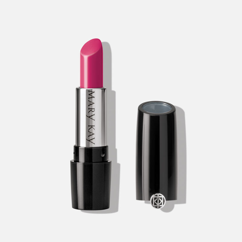 An open tube of Mary Kay Gel Semi-Shine Lipstick in the shade Haute Pink.