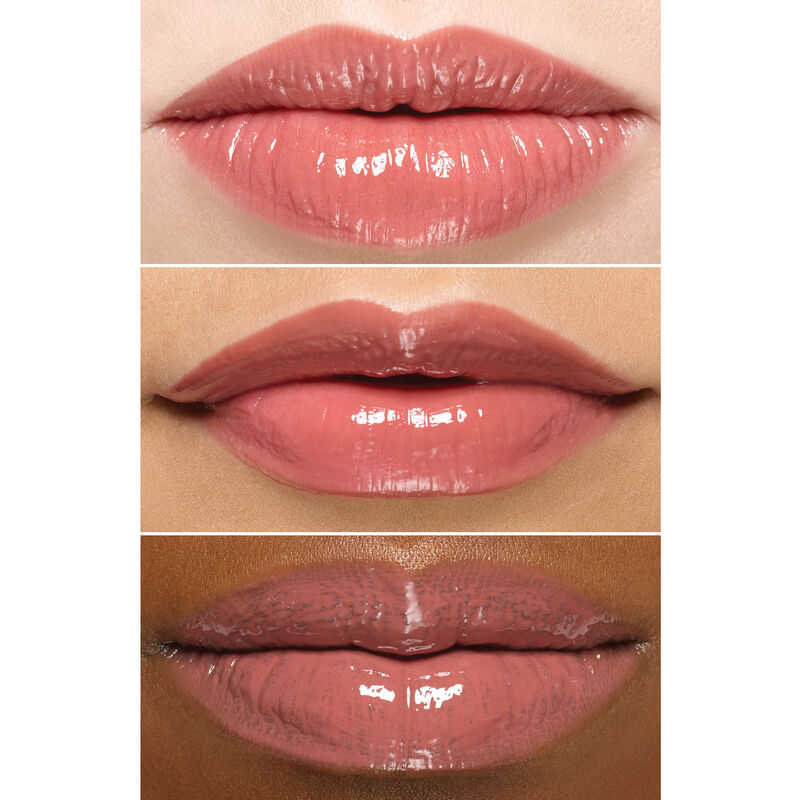 Close up of lips wearing Mary Kay Unlimited Lip Gloss in shade Unique Mauve on an ivory bronze and deep skin tone