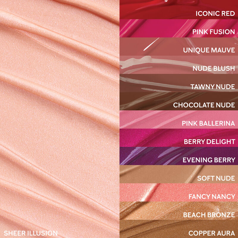 Extreme close up of Sheer Illusion finish arranged next to remaining shades of Mary Kay Unlimited Lip Gloss