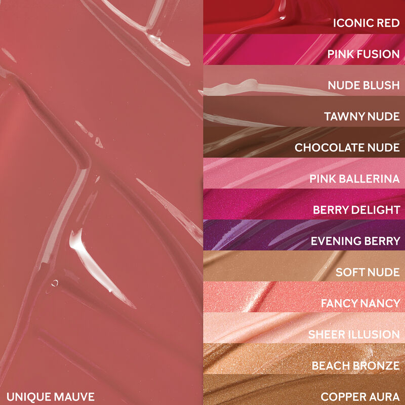 Extreme close up of Unique Mauve finish arranged next to remaining shades of Mary Kay Unlimited Lip Gloss