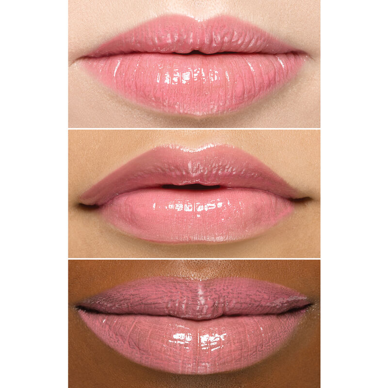 Close up of lips wearing Mary Kay Unlimited Lip Gloss in shade Pink Ballerina on an ivory bronze and deep skin tone