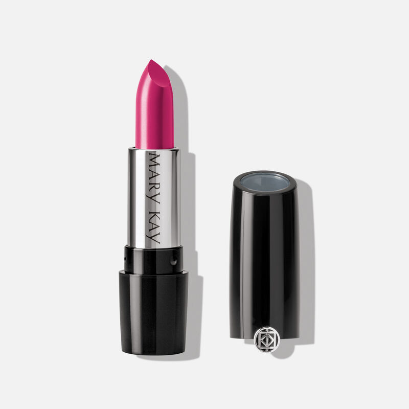 An open tube of Mary Kay Gel Semi-Shine Lipstick in the shade Haute Pink.