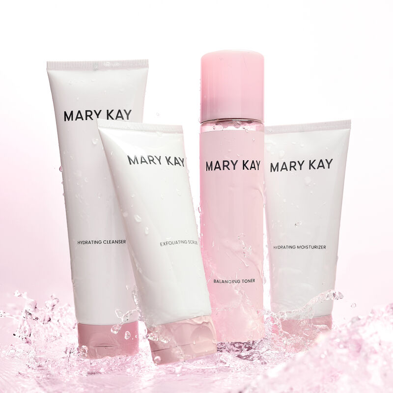 Entire line of Mary Kay Skin Care featuring a complete moisturizing routine standing in splashing water