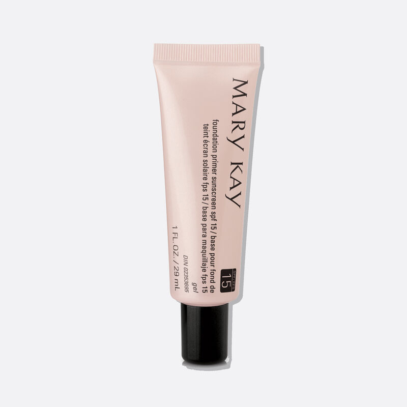 Tube of Mary Kay Foundation Primer Sunscreen SPF 15 standing on its cap.