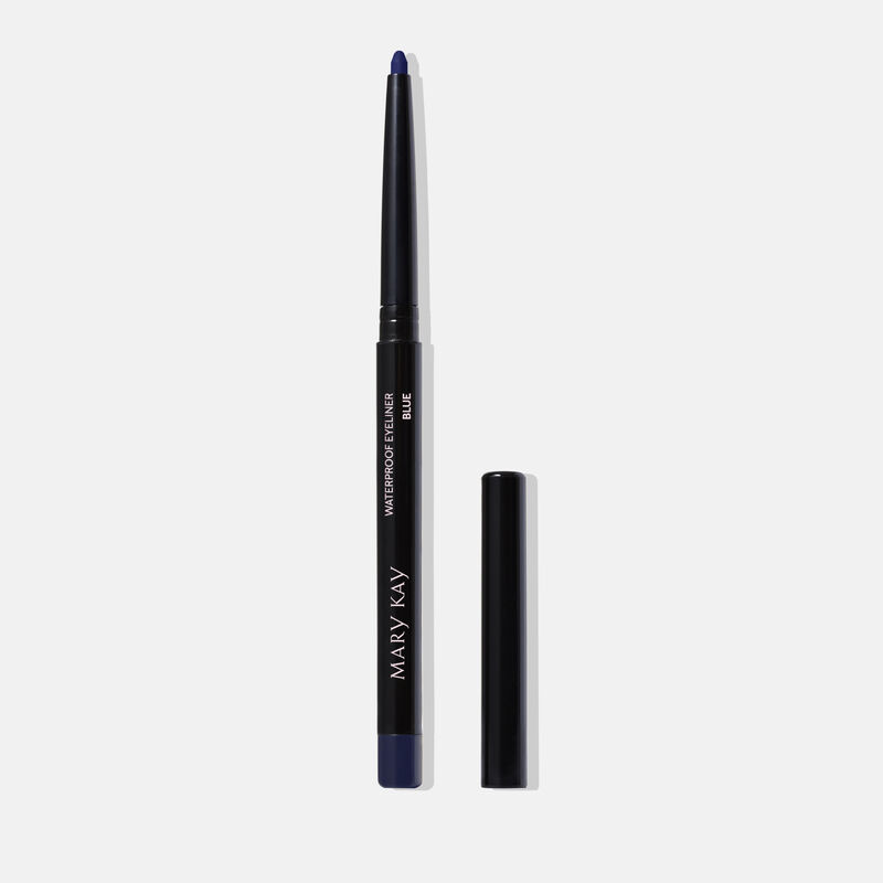 Uncapped Mary Kay Waterproof Eyeliner in Blue against plain background