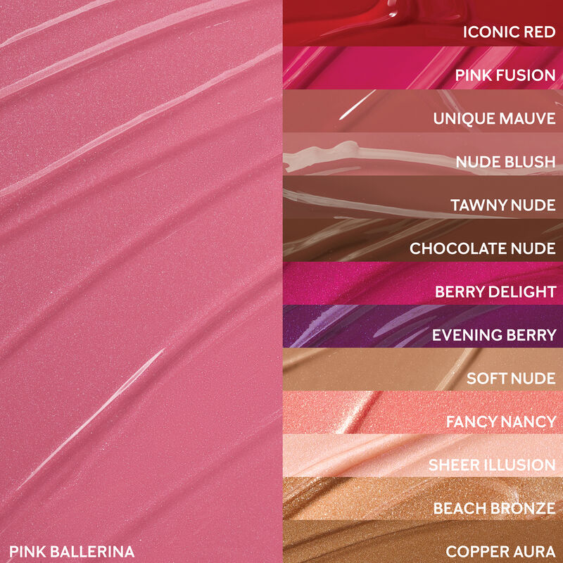 Extreme close up of Pink Ballerina finish arranged next to remaining shades of Mary Kay Unlimited Lip Gloss