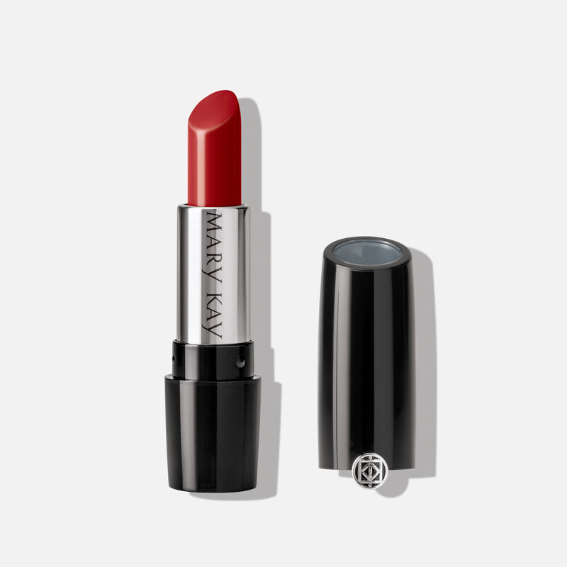 Mary Kay Gel Semi-Shine Lipstick in shade Red Smoulder standing on plain background with cap off