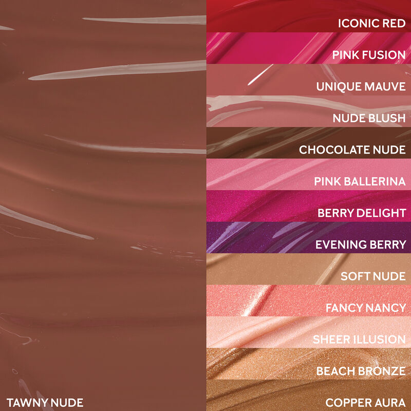 Extreme close up of Tawny Nude finish arranged next to remaining shades of Mary Kay Unlimited Lip Gloss