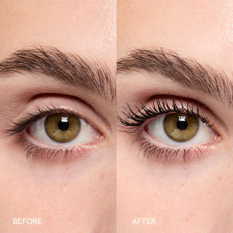 Beforeandafter images of Lash Love Fanorama Define Lift Mascara applied to lashes of a model with light skin tone