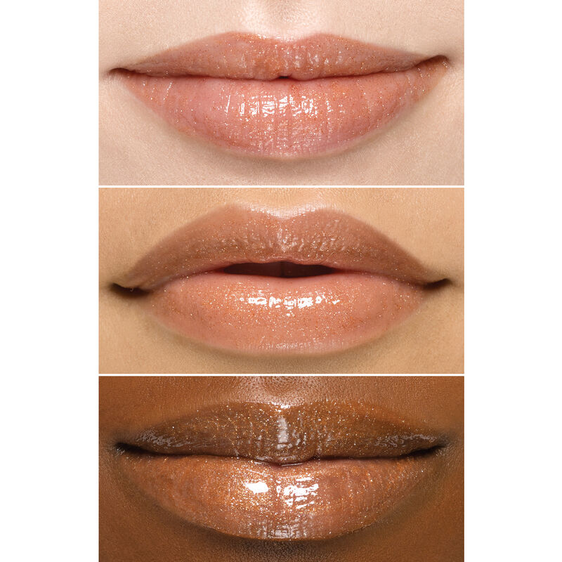 Close up of lips wearing Mary Kay Unlimited Lip Gloss in shade Beach Bronze on an ivory bronze and deep skin tone