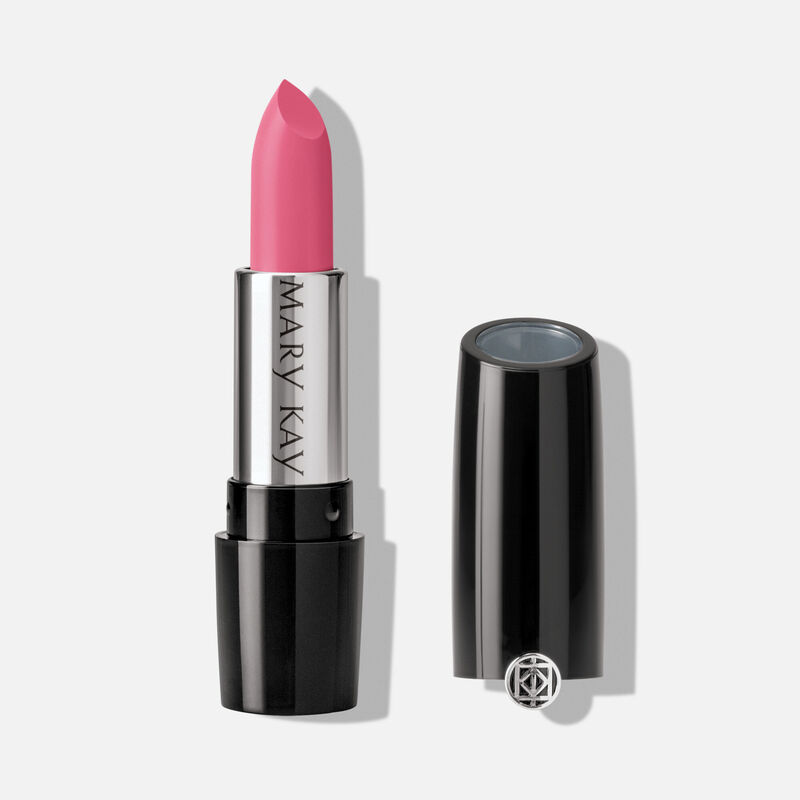 Mary Kay Gel Semi-Matte Lipstick in shade Trademark Pink standing on plain background with cap off