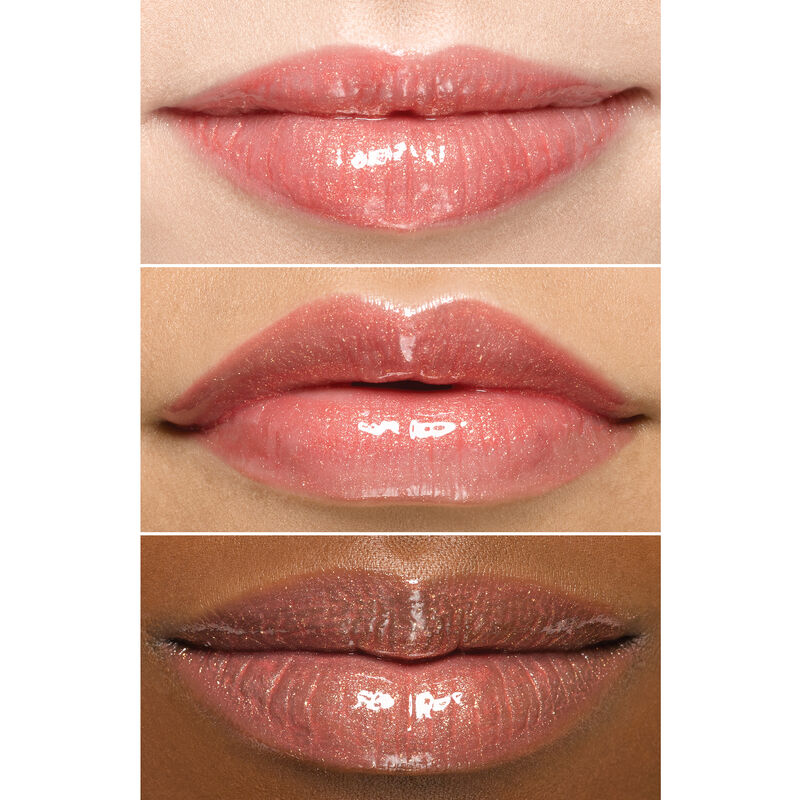 Close up of lips wearing Mary Kay Unlimited Lip Gloss in shade Fancy Nancy on an ivory bronze and deep skin tone