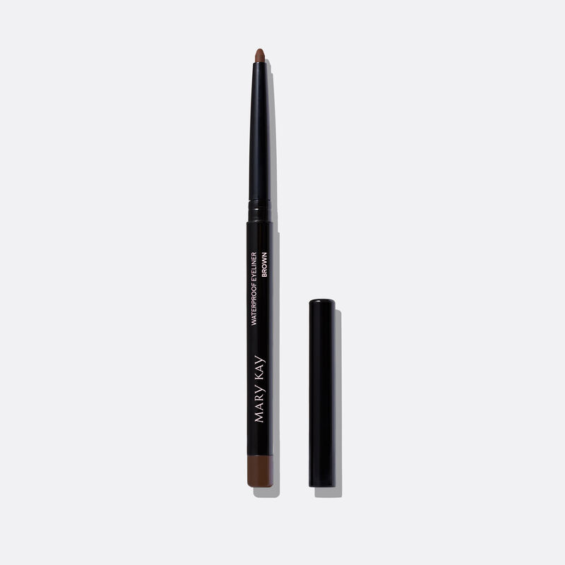 Uncapped Mary Kay Waterproof Eyeliner in Brown against color smudge background
